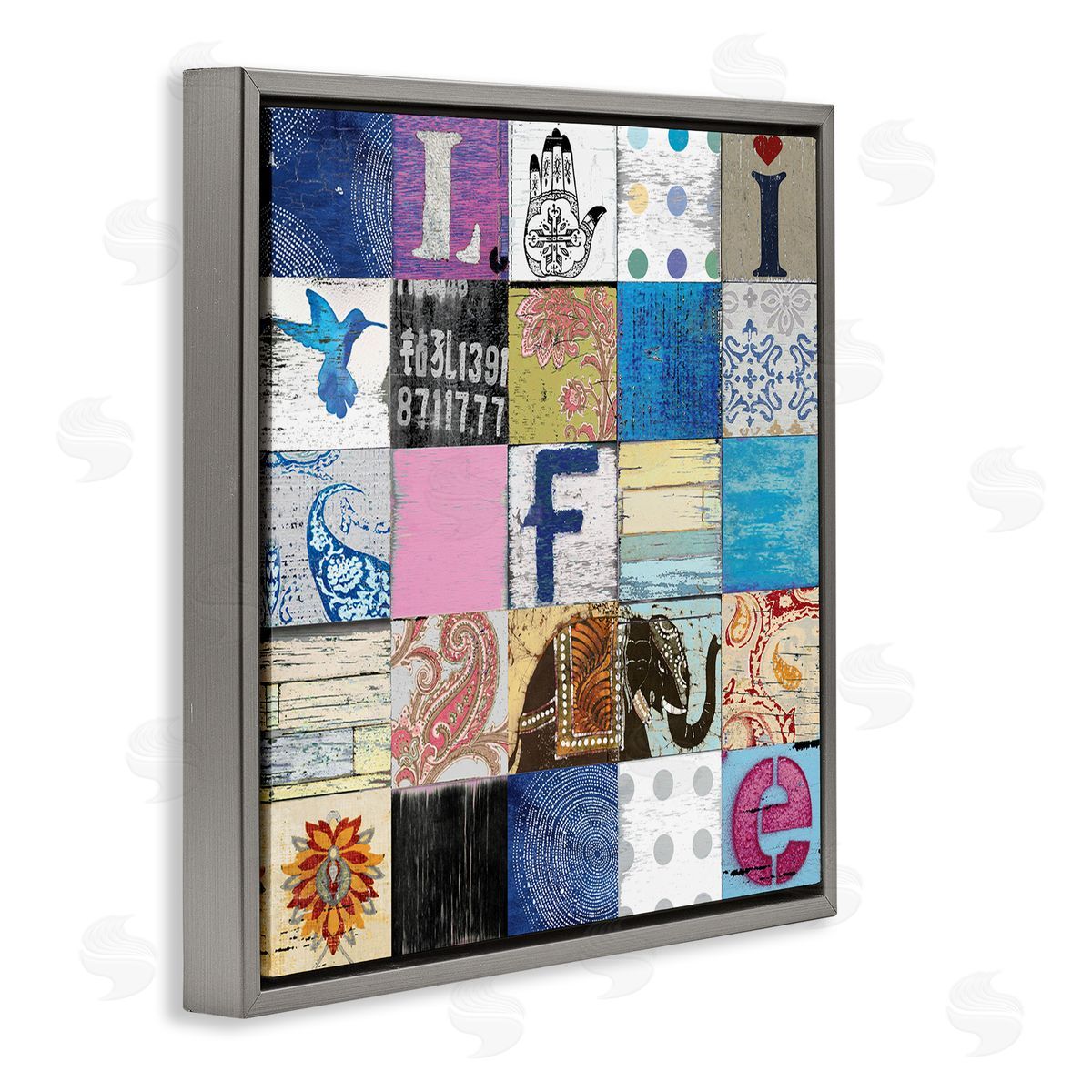 Charlie Carter Vintage Icon Collage Life Typography Rustic Elephant Gray Floating Frame Canvas Wall Art Print