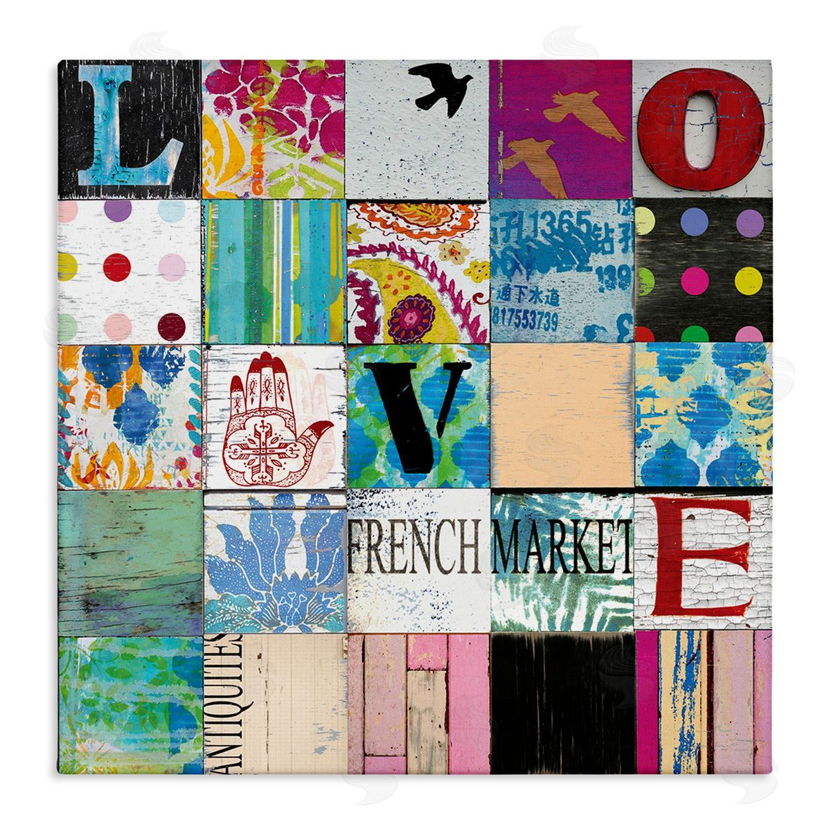 Charlie Carter Love Typography Collage Vintage Icons Patchwork Stretched Canvas Wall Art Print