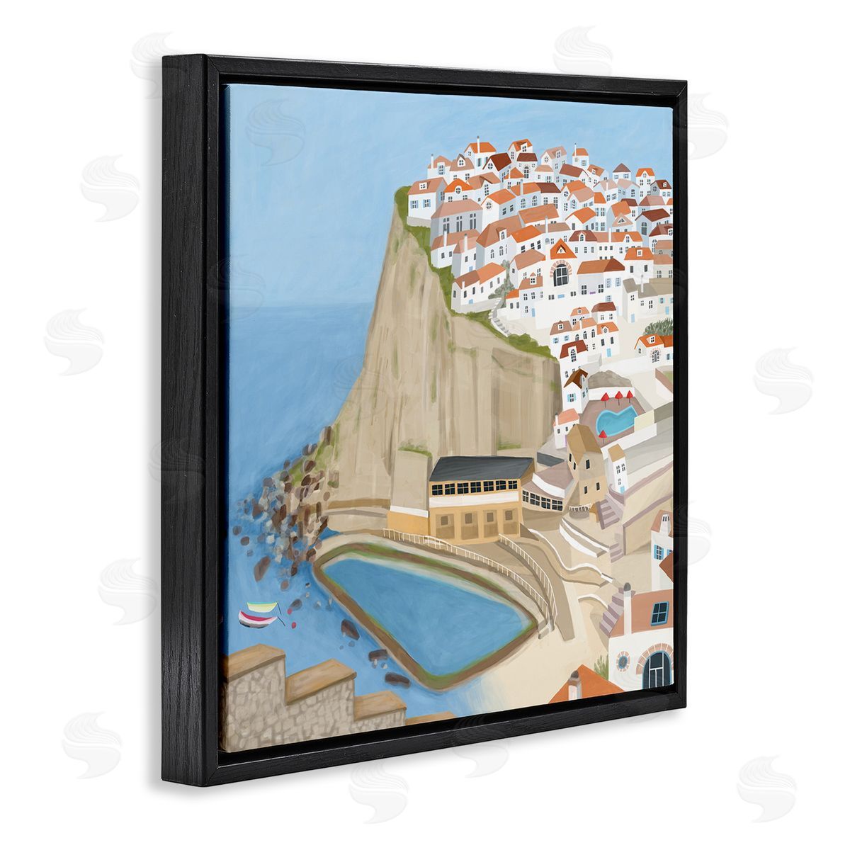 Carla Daly Portugal Sea Port Coastal City Landscape Illustration Black Floating Frame Canvas Wall Art Print