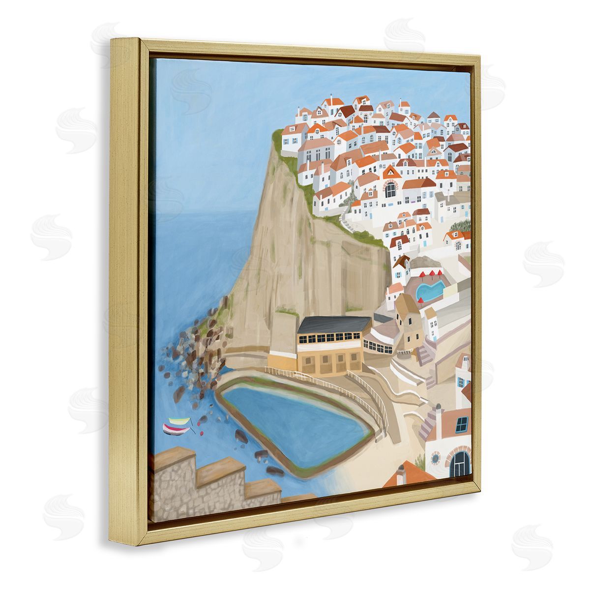 Carla Daly Portugal Sea Port Coastal City Landscape Illustration Gold Floating Frame Canvas Wall Art Print