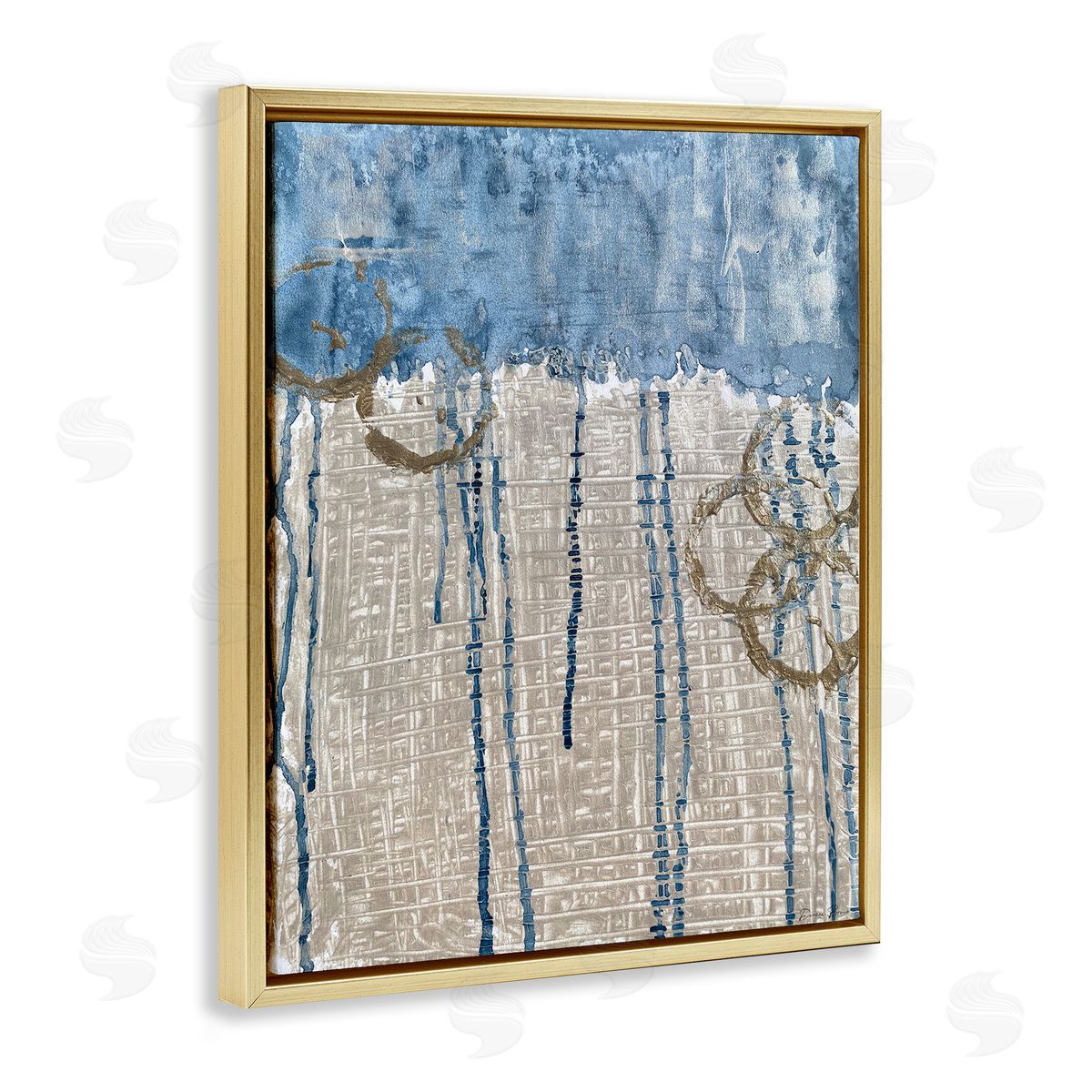 Denise Brown Abstract Blue Dripping over Whicker Style Grid