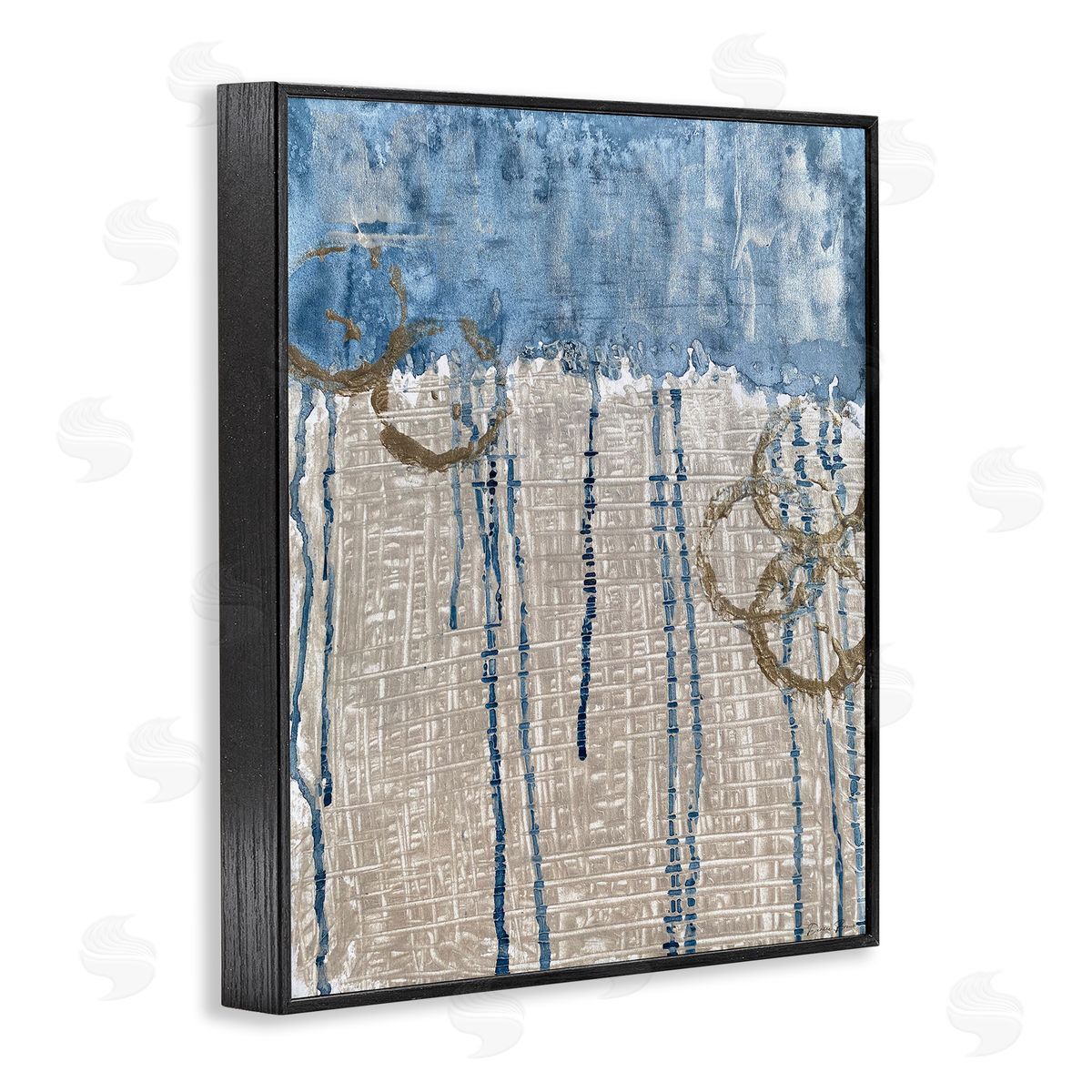 Denise Brown Abstract Blue Dripping over Whicker Style Grid