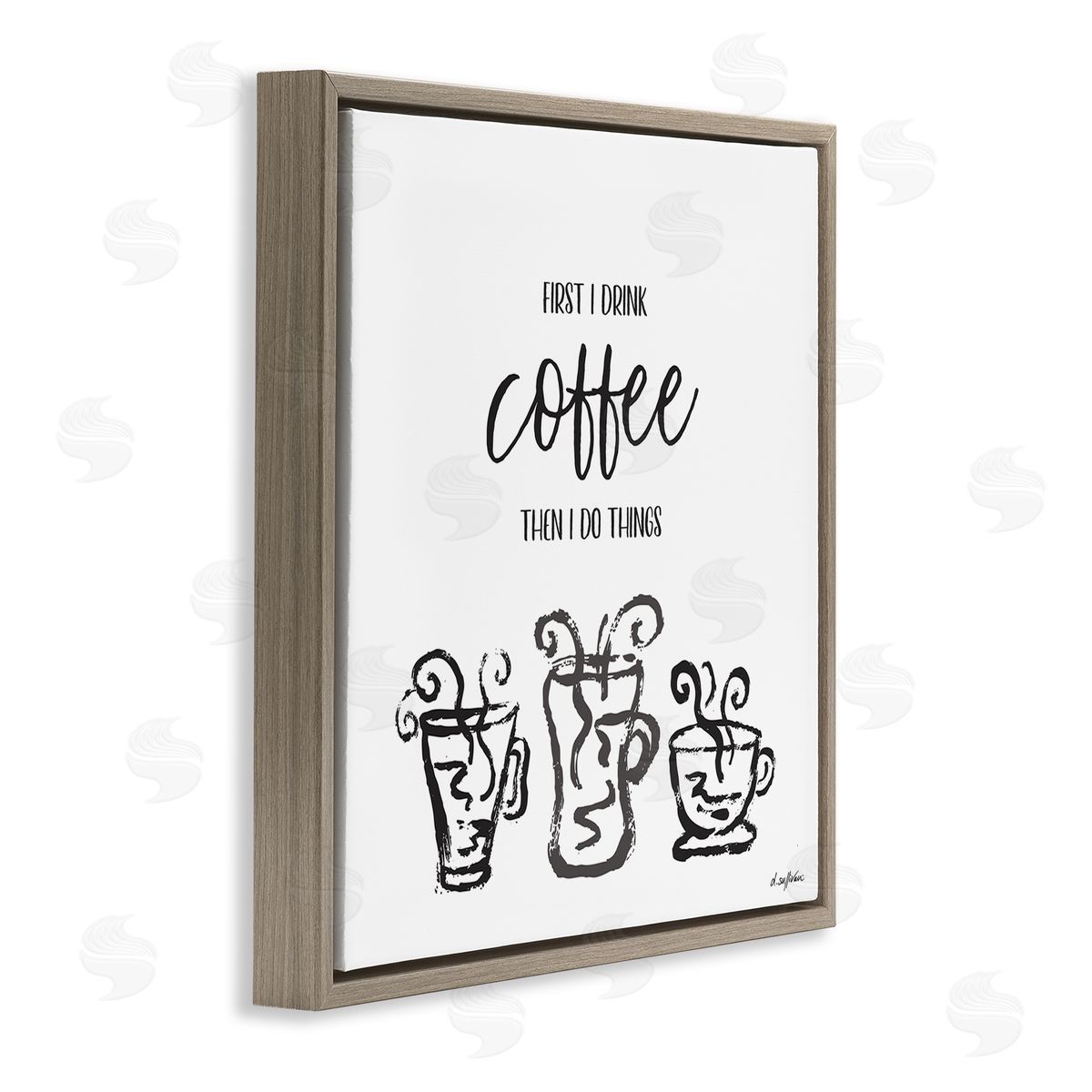 Denise Sullivan First I Drink Coffee Vintage Steaming Mug Illustrations Brown Floating Frame Canvas Wall Art Print