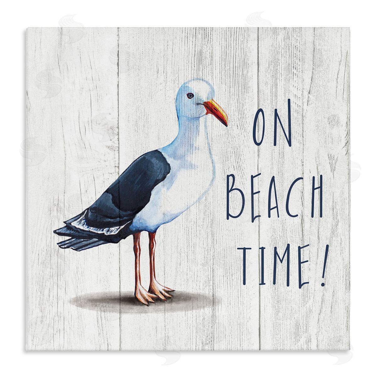 Elizabeth Tyndall On Beach Time Phrase Nautical Seagull Rustic Bird Stretched Canvas Wall Art Print