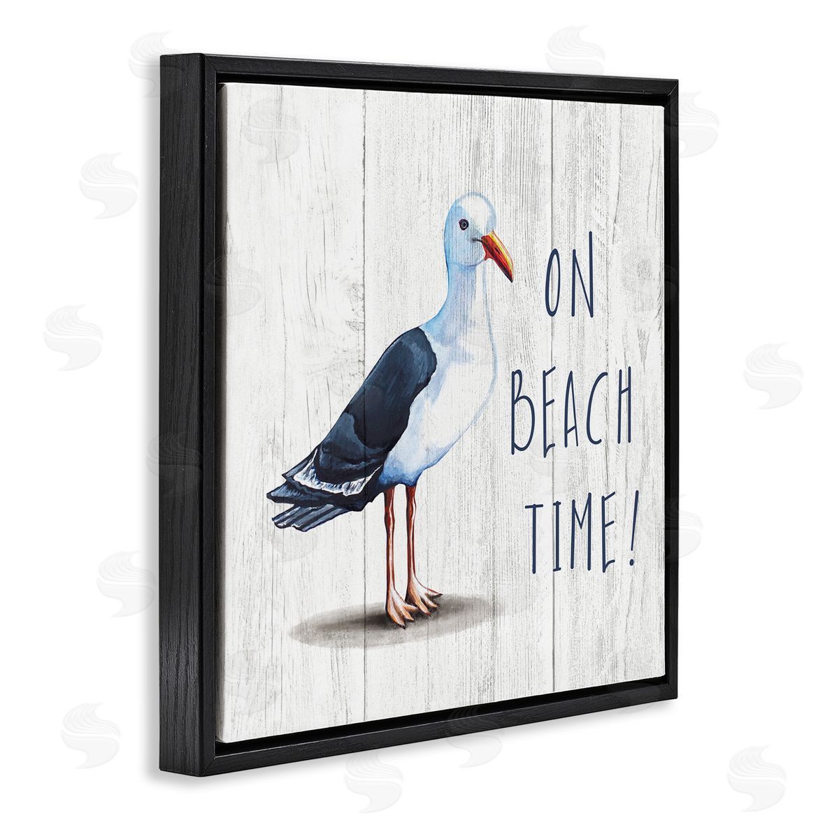 Elizabeth Tyndall On Beach Time Phrase Nautical Seagull Rustic Bird Black Floating Frame Canvas Wall Art Print