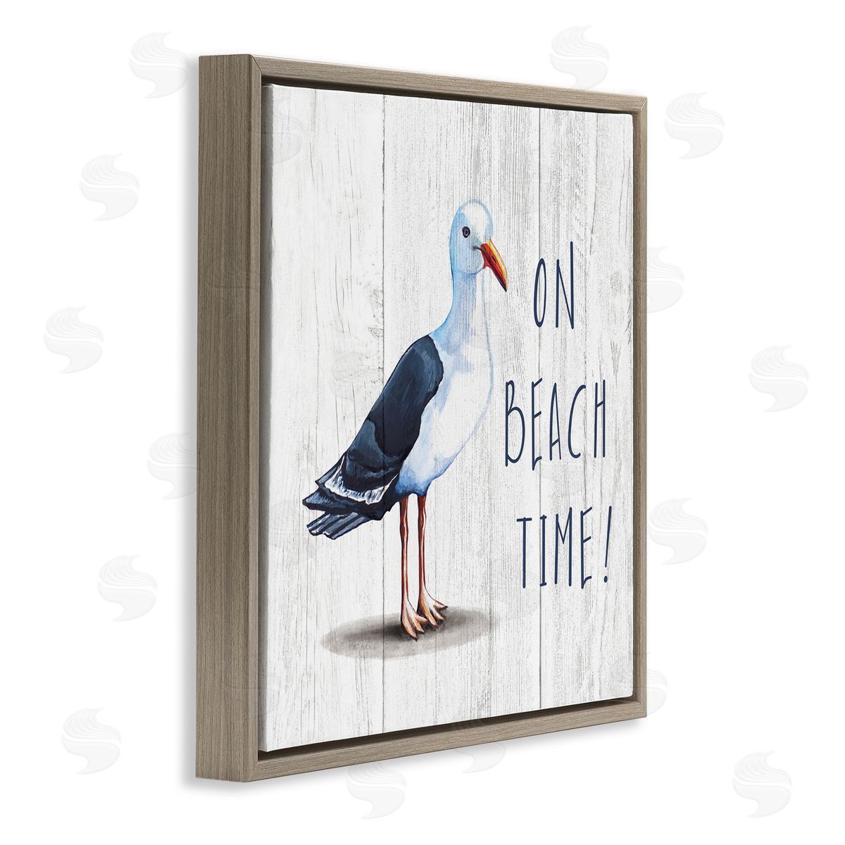 Elizabeth Tyndall On Beach Time Phrase Nautical Seagull Rustic Bird Brown Floating Frame Canvas Wall Art Print