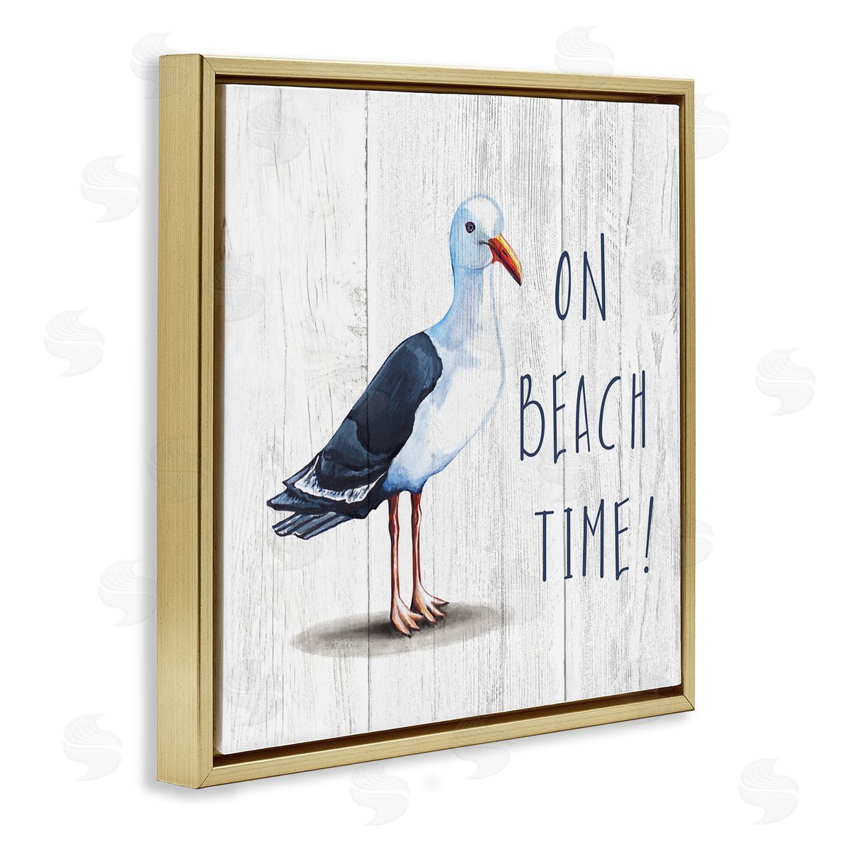 Elizabeth Tyndall On Beach Time Phrase Nautical Seagull Rustic Bird Gold Floating Frame Canvas Wall Art Print