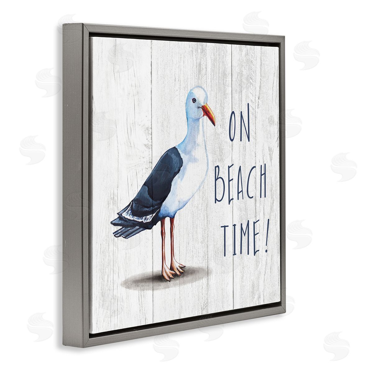 Elizabeth Tyndall On Beach Time Phrase Nautical Seagull Rustic Bird Gray Floating Frame Canvas Wall Art Print
