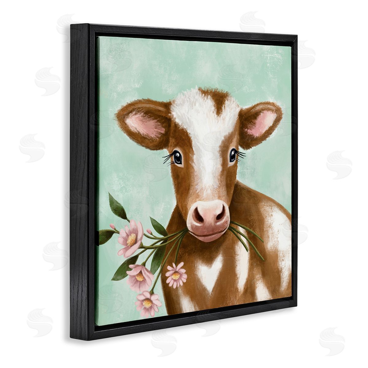 Elizabeth Tyndall Baby Brown Cow Soft Eyes Pink Daisy Florals Black Floating Frame Canvas Wall Art Print