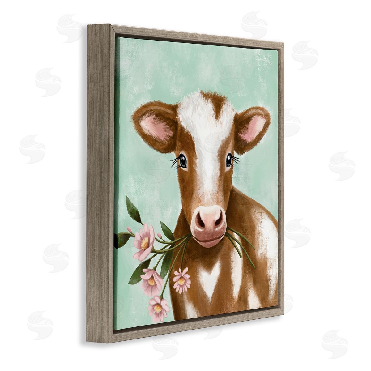 Elizabeth Tyndall Baby Brown Cow Soft Eyes Pink Daisy Florals Brown Floating Frame Canvas Wall Art Print