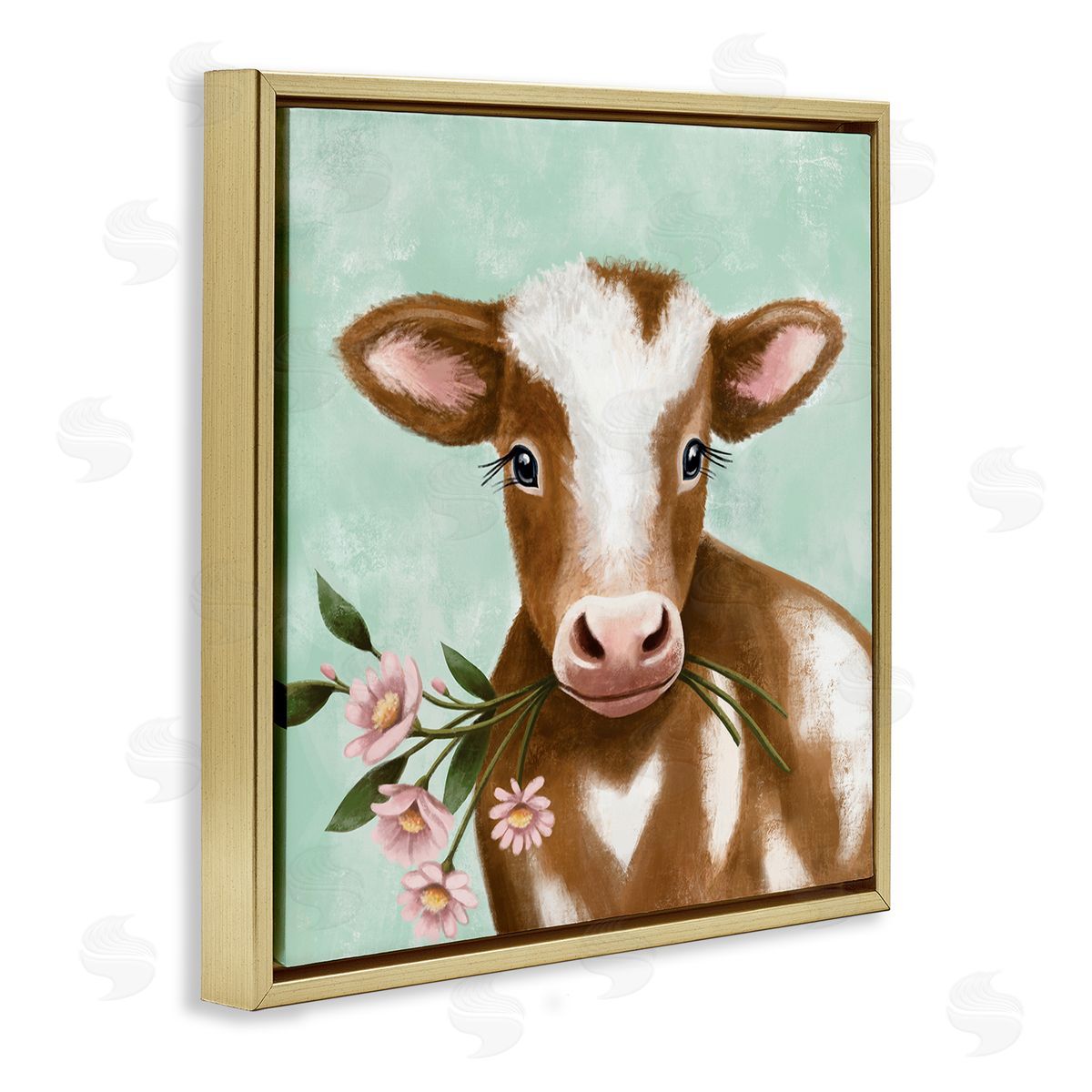 Elizabeth Tyndall Baby Brown Cow Soft Eyes Pink Daisy Florals Gold Floating Frame Canvas Wall Art Print