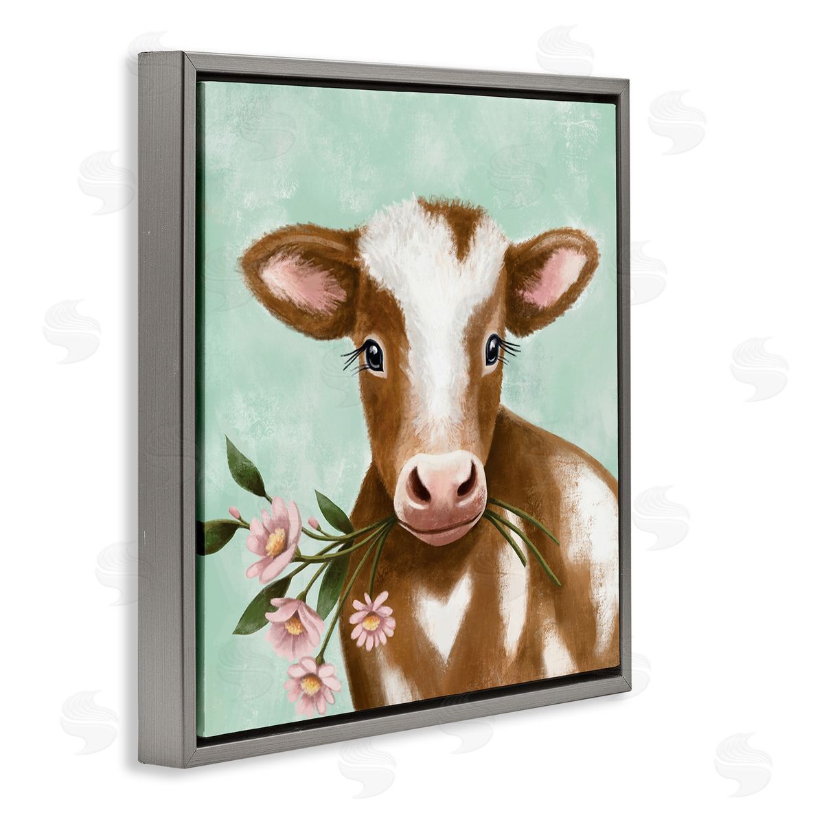 Elizabeth Tyndall Baby Brown Cow Soft Eyes Pink Daisy Florals Gray Floating Frame Canvas Wall Art Print