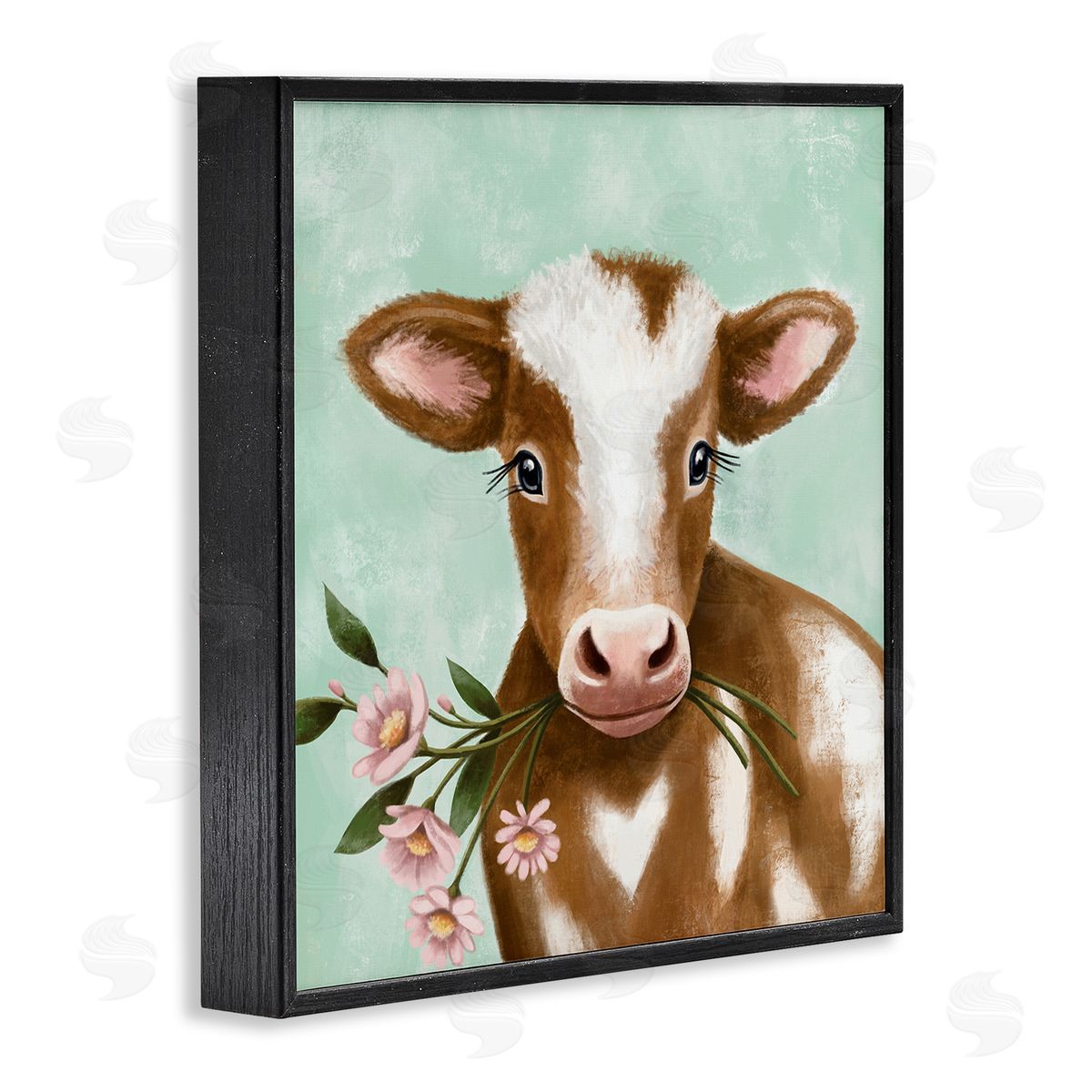 Elizabeth Tyndall Baby Brown Cow Soft Eyes Pink Daisy Florals Black Framed Glicee Wall Art Print