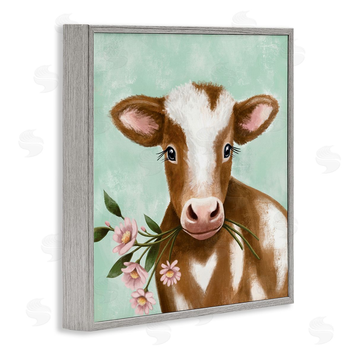 Elizabeth Tyndall Baby Brown Cow Soft Eyes Pink Daisy Florals Gray Framed Glicee Wall Art Print