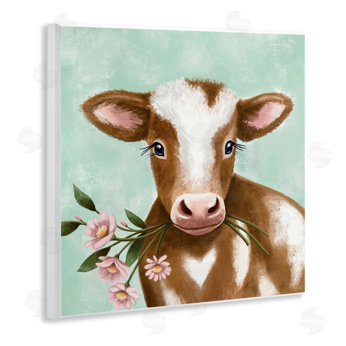 Elizabeth Tyndall Baby Brown Cow Soft Eyes Pink Daisy Florals Wooden Wall Plaque Art Print