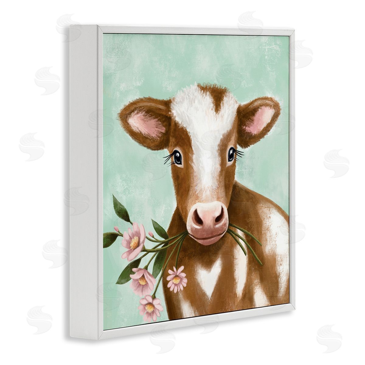 Elizabeth Tyndall Baby Brown Cow Soft Eyes Pink Daisy Florals White Framed Glicee Wall Art Print