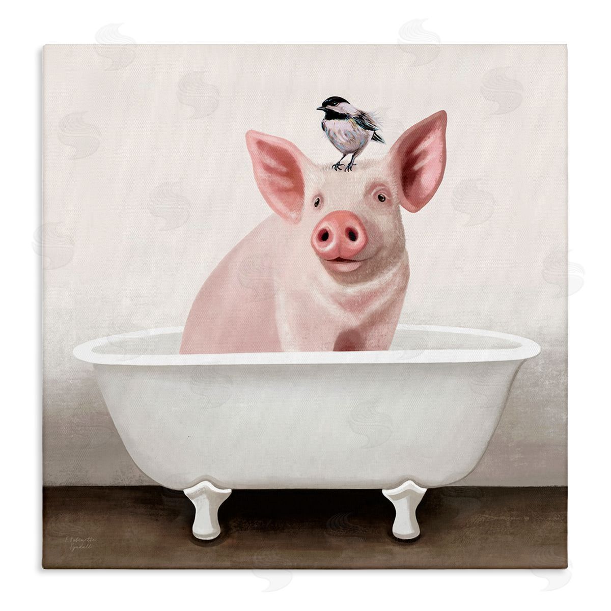 Elizabeth Tyndall Cottage Pink Pig with Sparrow Perched in Tub  Stretched Canvas Wall Art Print