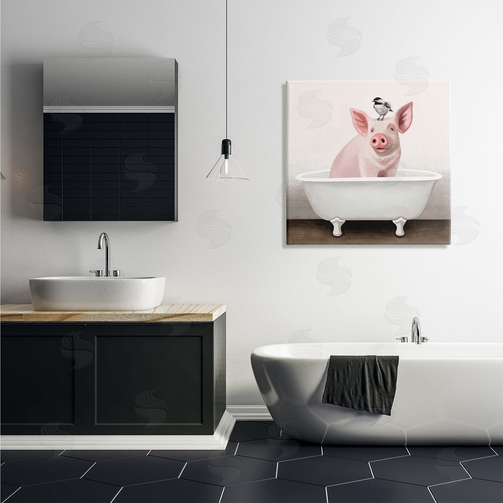 Elizabeth Tyndall Cottage Pink Pig with Sparrow Perched in Tub Canvas Wall Art in Room