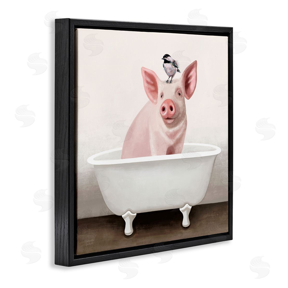 Elizabeth Tyndall Cottage Pink Pig with Sparrow Perched in Tub Black Floating Frame Canvas Wall Art Print
