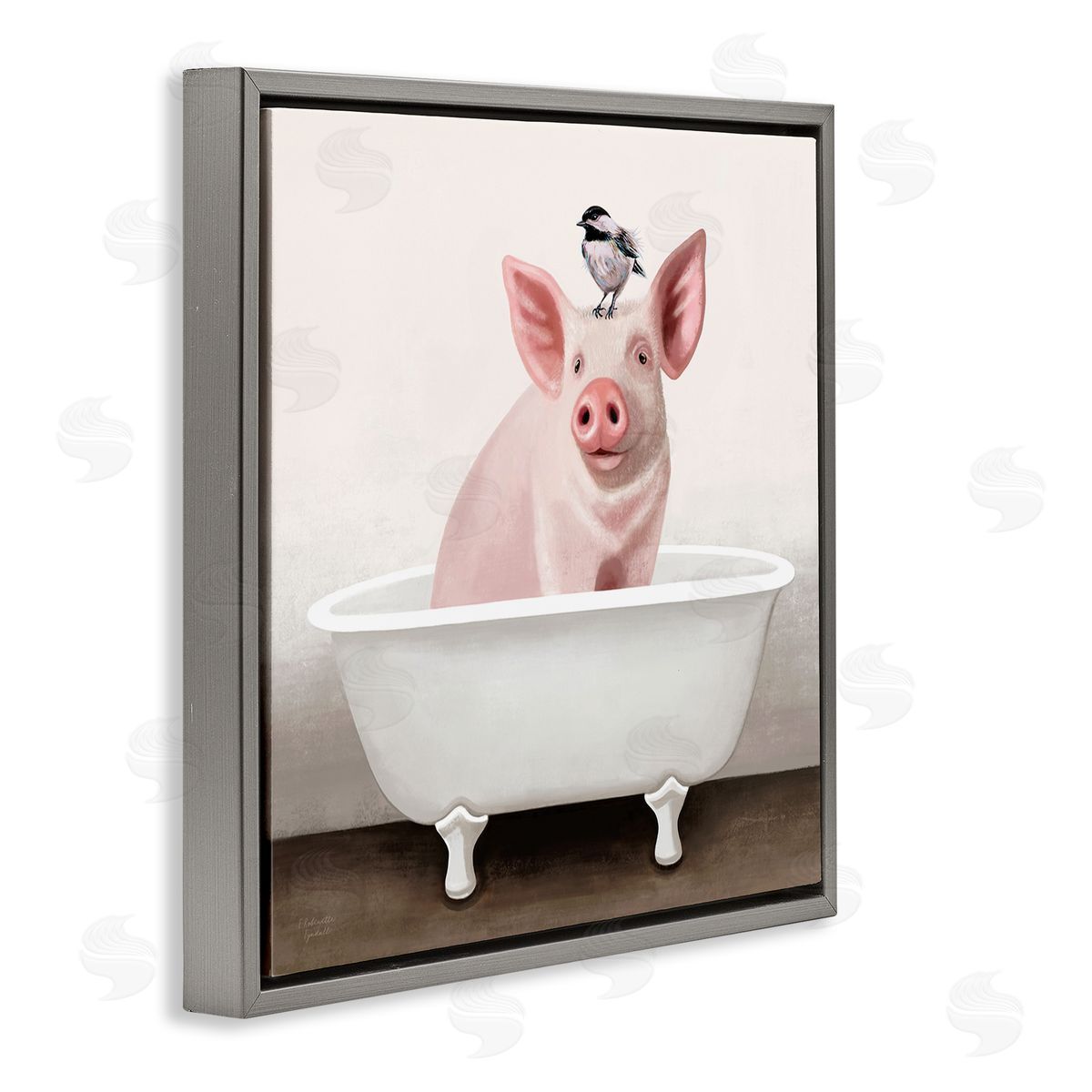 Elizabeth Tyndall Cottage Pink Pig with Sparrow Perched in Tub Gray Floating Frame Canvas Wall Art Print
