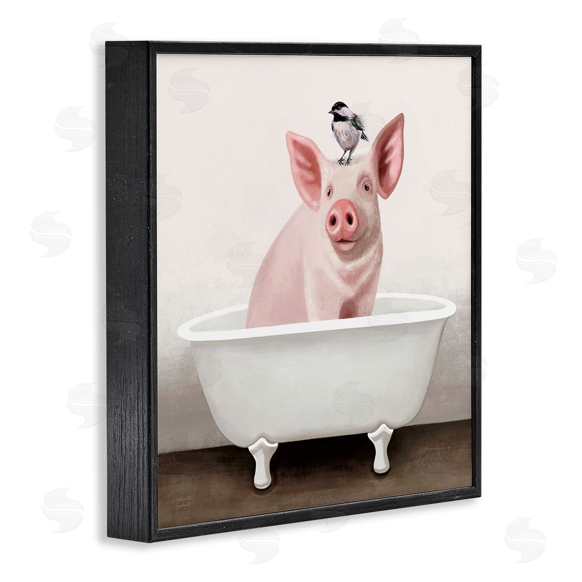 Elizabeth Tyndall Cottage Pink Pig with Sparrow Perched in Tub Black Framed Glicee Wall Art Print