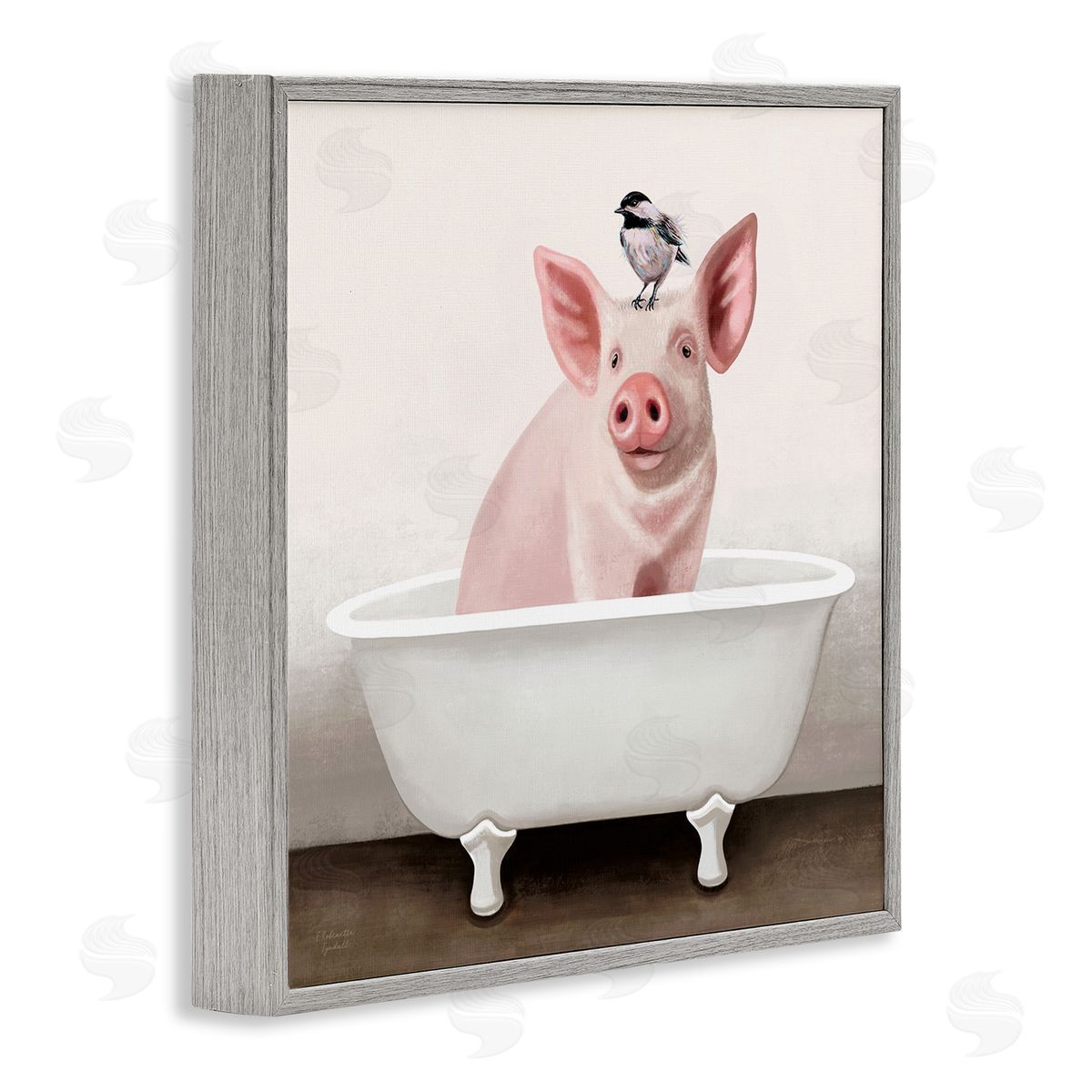 Elizabeth Tyndall Cottage Pink Pig with Sparrow Perched in Tub Gray Framed Glicee Wall Art Print