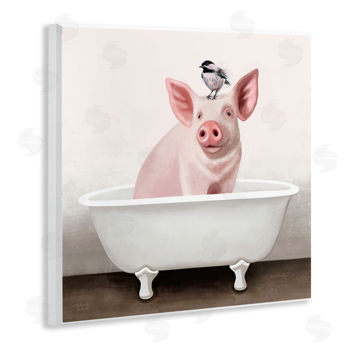 Elizabeth Tyndall Cottage Pink Pig with Sparrow Perched in Tub Wooden Wall Plaque Art Print
