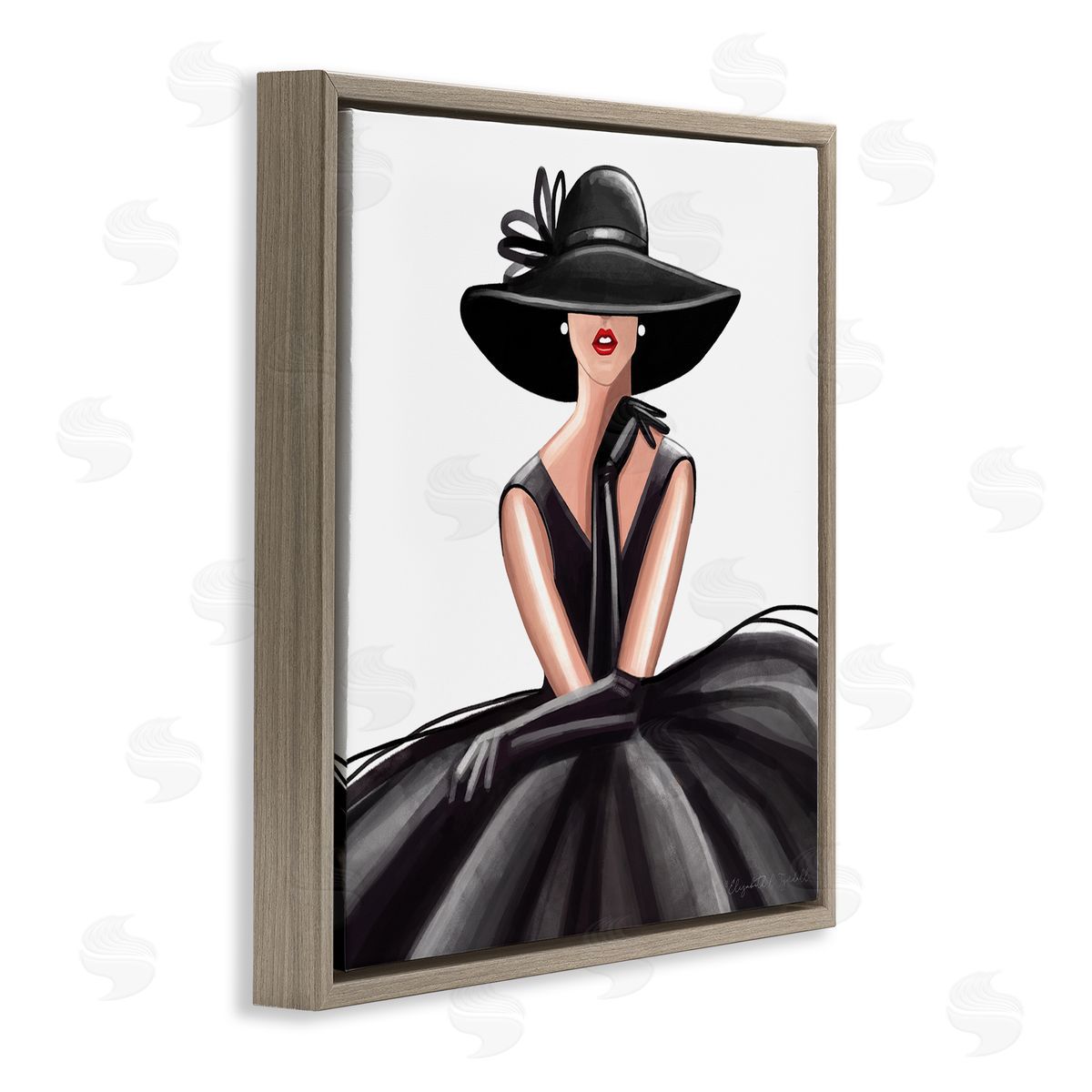 Elizabeth Tyndall High End Fashion Glam Pose Luxurious Black Dress Brown Floating Frame Canvas Wall Art Print