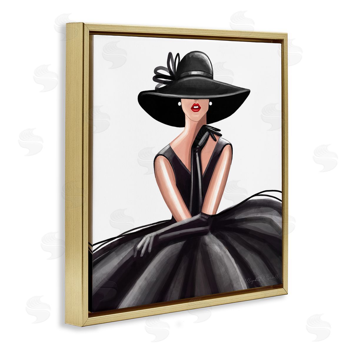 Elizabeth Tyndall High End Fashion Glam Pose Luxurious Black Dress Gold Floating Frame Canvas Wall Art Print