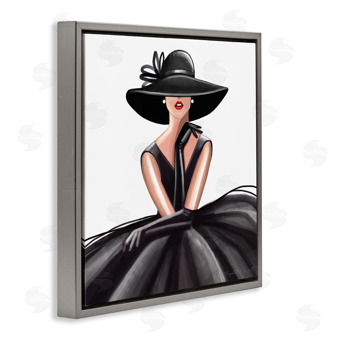 Elizabeth Tyndall High End Fashion Glam Pose Luxurious Black Dress Gray Floating Frame Canvas Wall Art Print