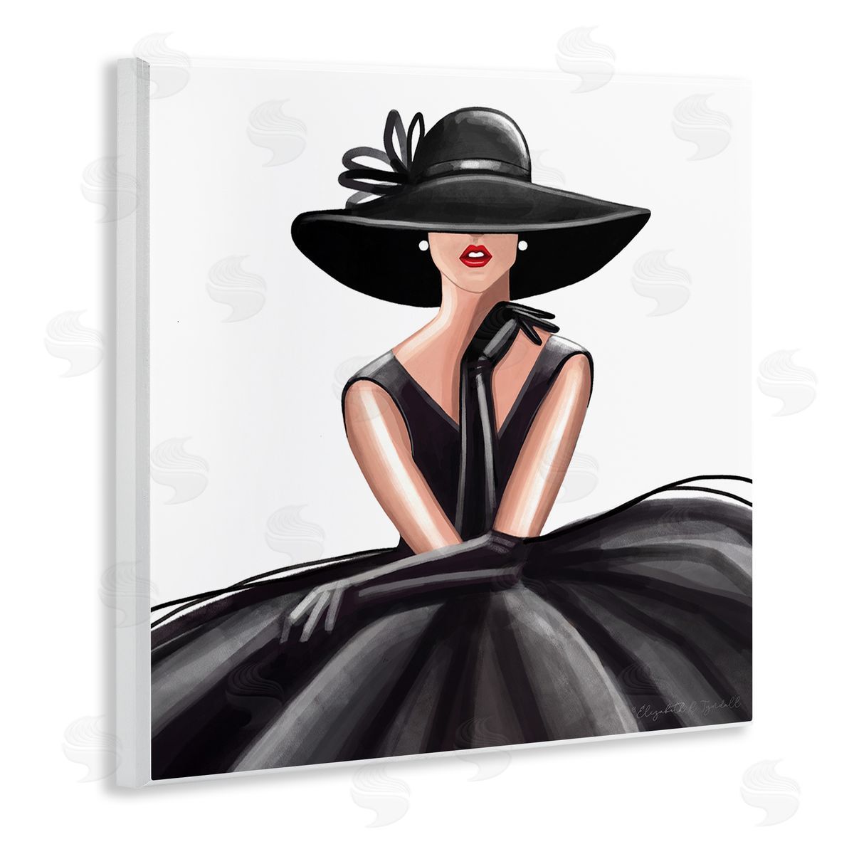 Elizabeth Tyndall High End Fashion Glam Pose Luxurious Black Dress Wooden Wall Plaque Art Print