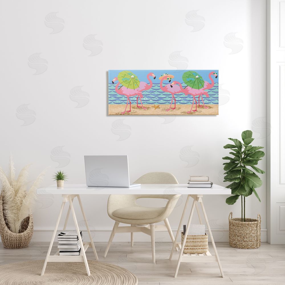 Sally Springer Griffith Pink Flamingos with Floral Umbrellas Beach Waves