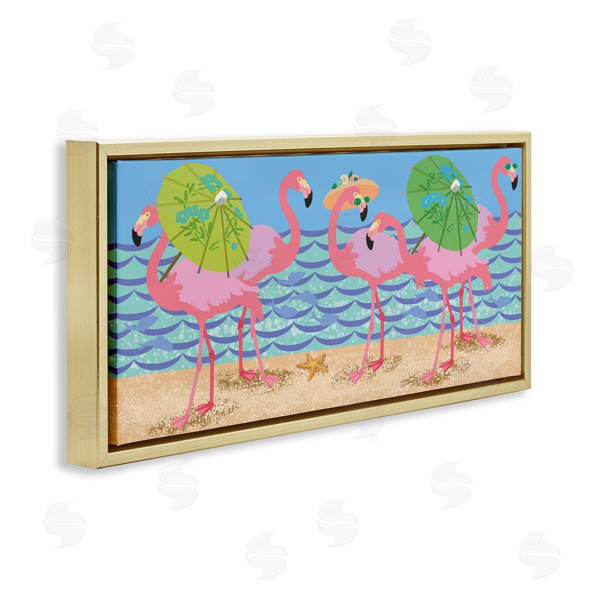 Sally Springer Griffith Pink Flamingos with Floral Umbrellas Beach Waves