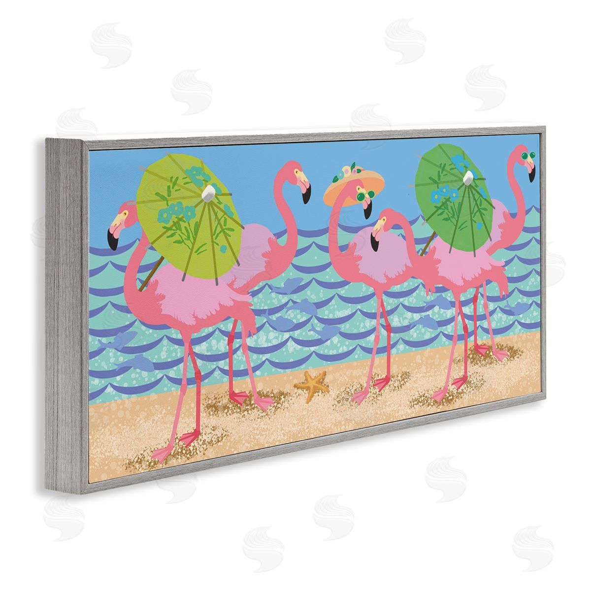 Sally Springer Griffith Pink Flamingos with Floral Umbrellas Beach Waves