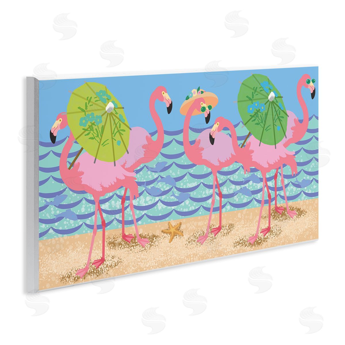 Sally Springer Griffith Pink Flamingos with Floral Umbrellas Beach Waves