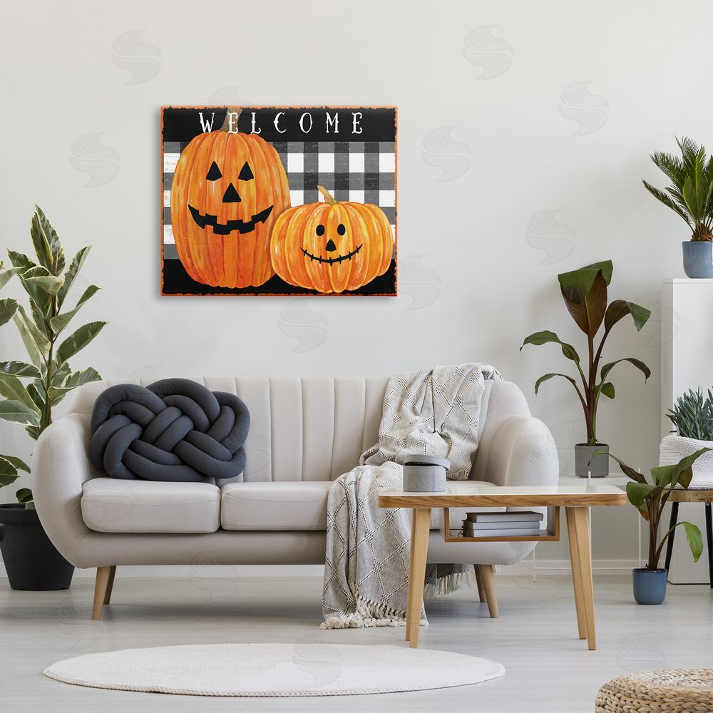Andrea Tachiera Festive Halloween Welcome Sign Happy Pumpkins Black Plaid