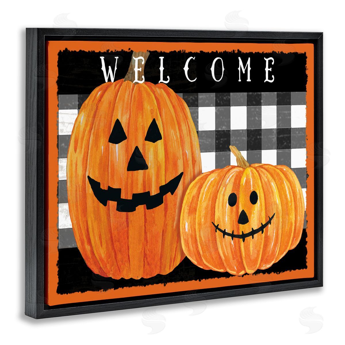 Andrea Tachiera Festive Halloween Welcome Sign Happy Pumpkins Black Plaid