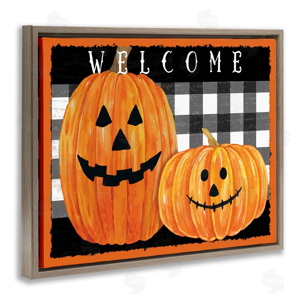 Andrea Tachiera Festive Halloween Welcome Sign Happy Pumpkins Black Plaid