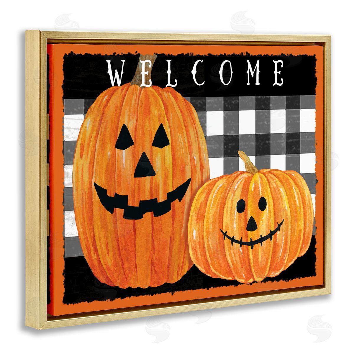Andrea Tachiera Festive Halloween Welcome Sign Happy Pumpkins Black Plaid