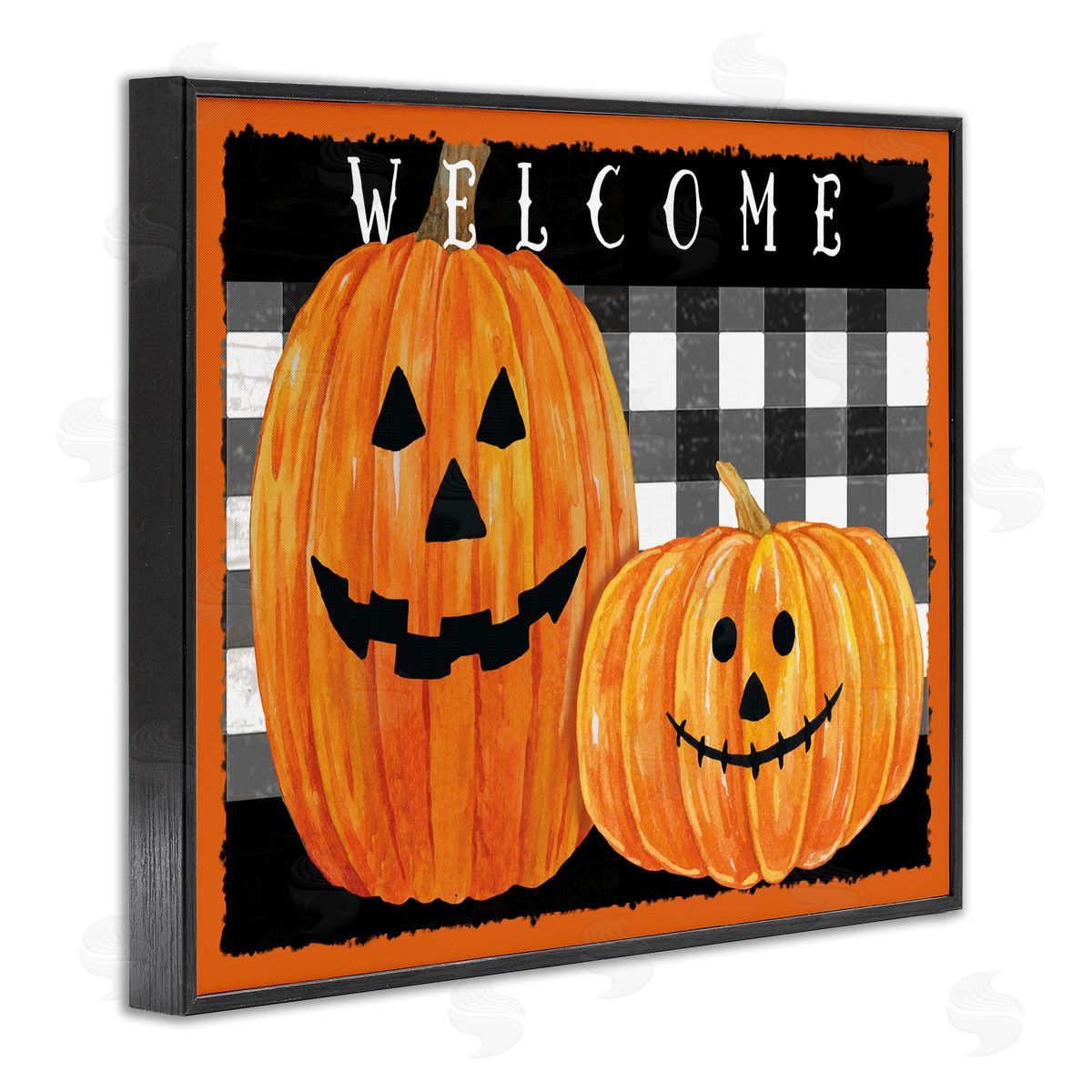 Andrea Tachiera Festive Halloween Welcome Sign Happy Pumpkins Black Plaid
