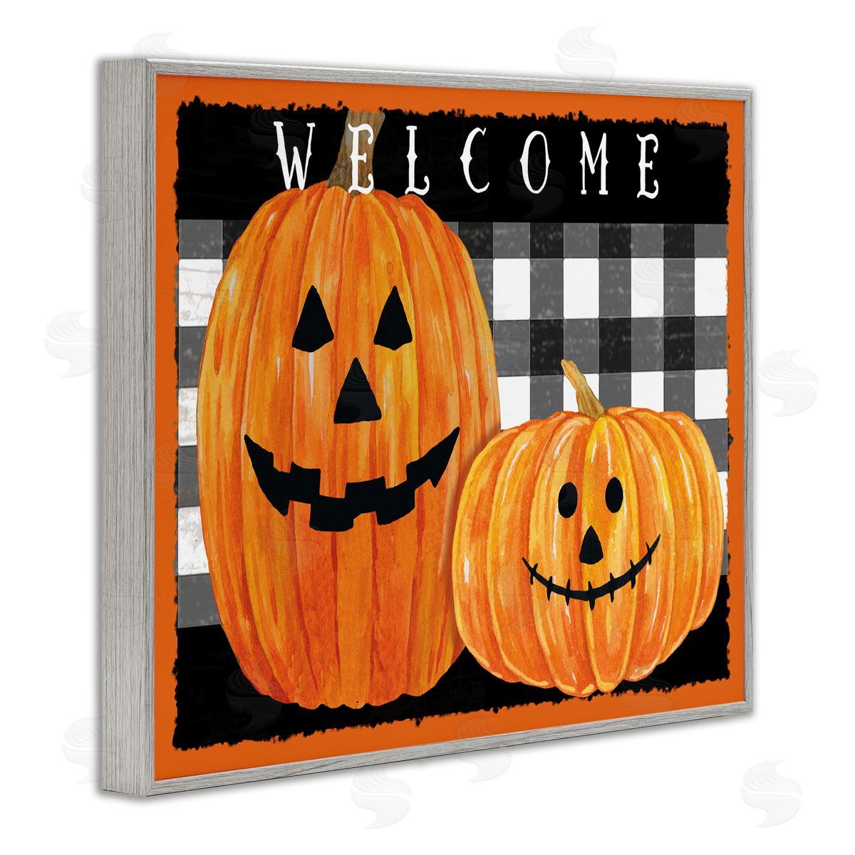 Andrea Tachiera Festive Halloween Welcome Sign Happy Pumpkins Black Plaid
