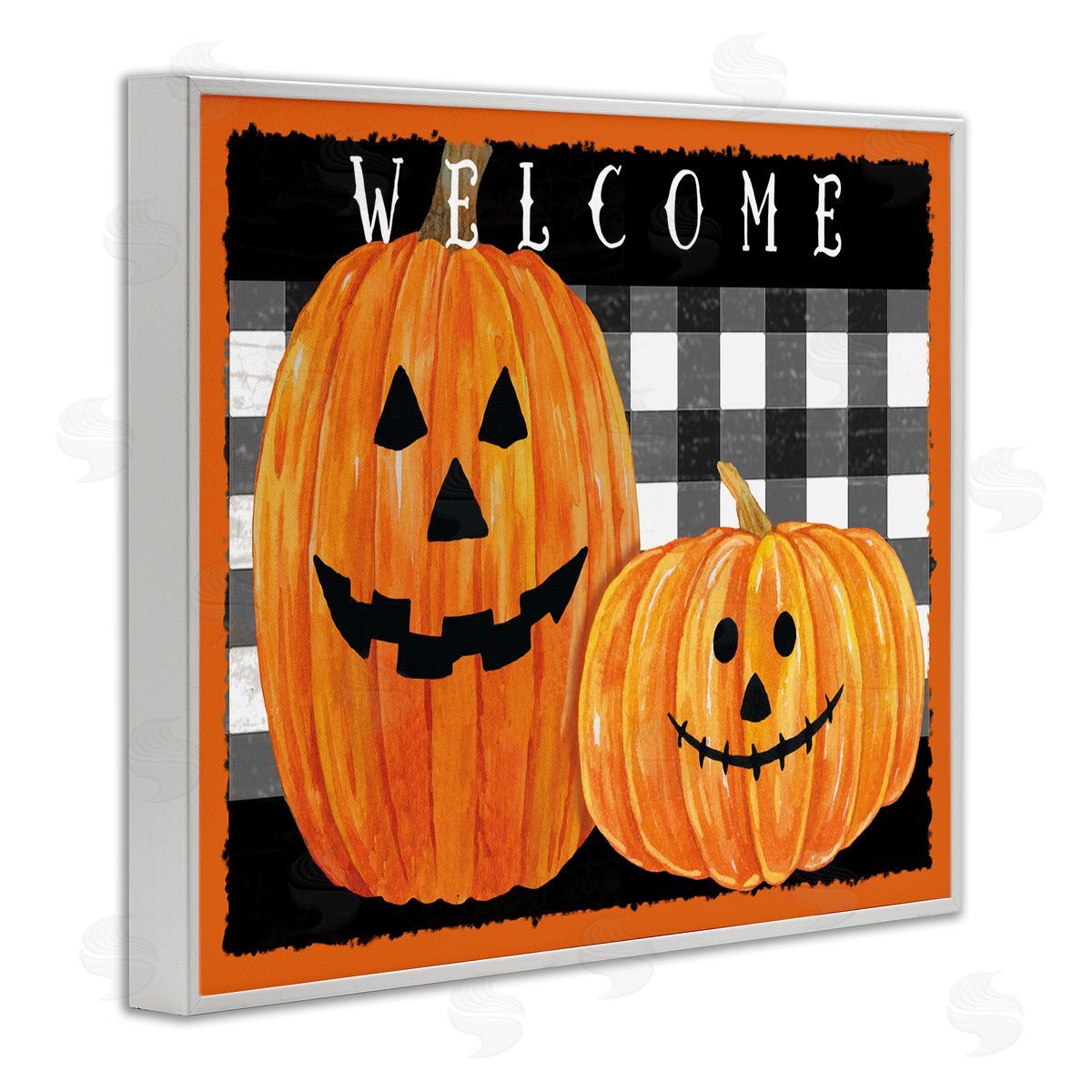 Andrea Tachiera Festive Halloween Welcome Sign Happy Pumpkins Black Plaid