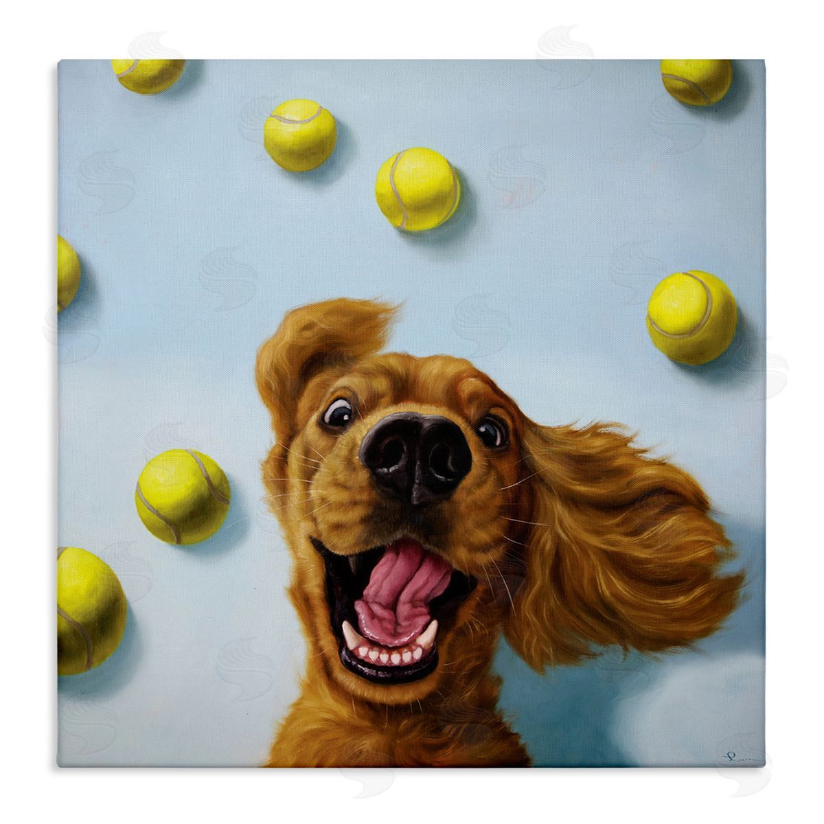 Lucia Heffernan Happy Smiling Pet Dog with Yellow Tennis Balls Stretched Canvas Wall Art Print