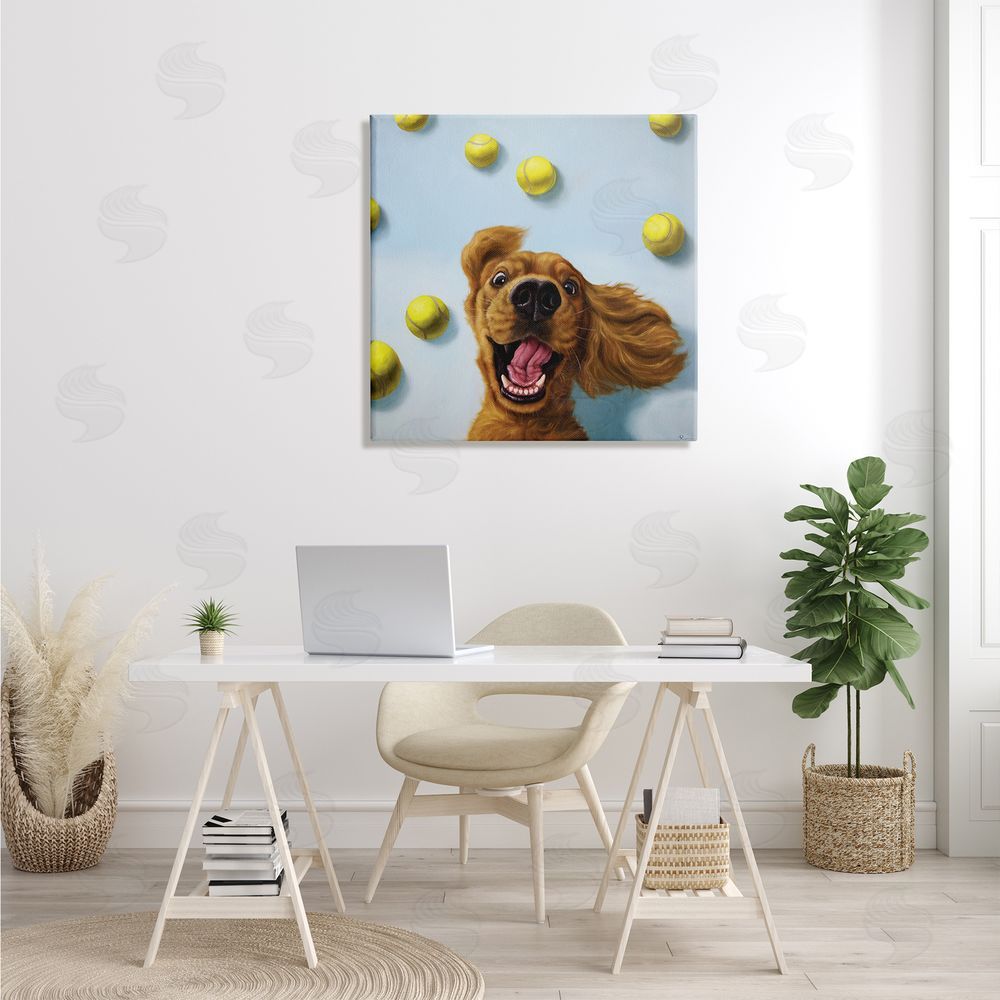 Lucia Heffernan Happy Smiling Pet Dog with Yellow Tennis Balls Canvas Wall Art in Room