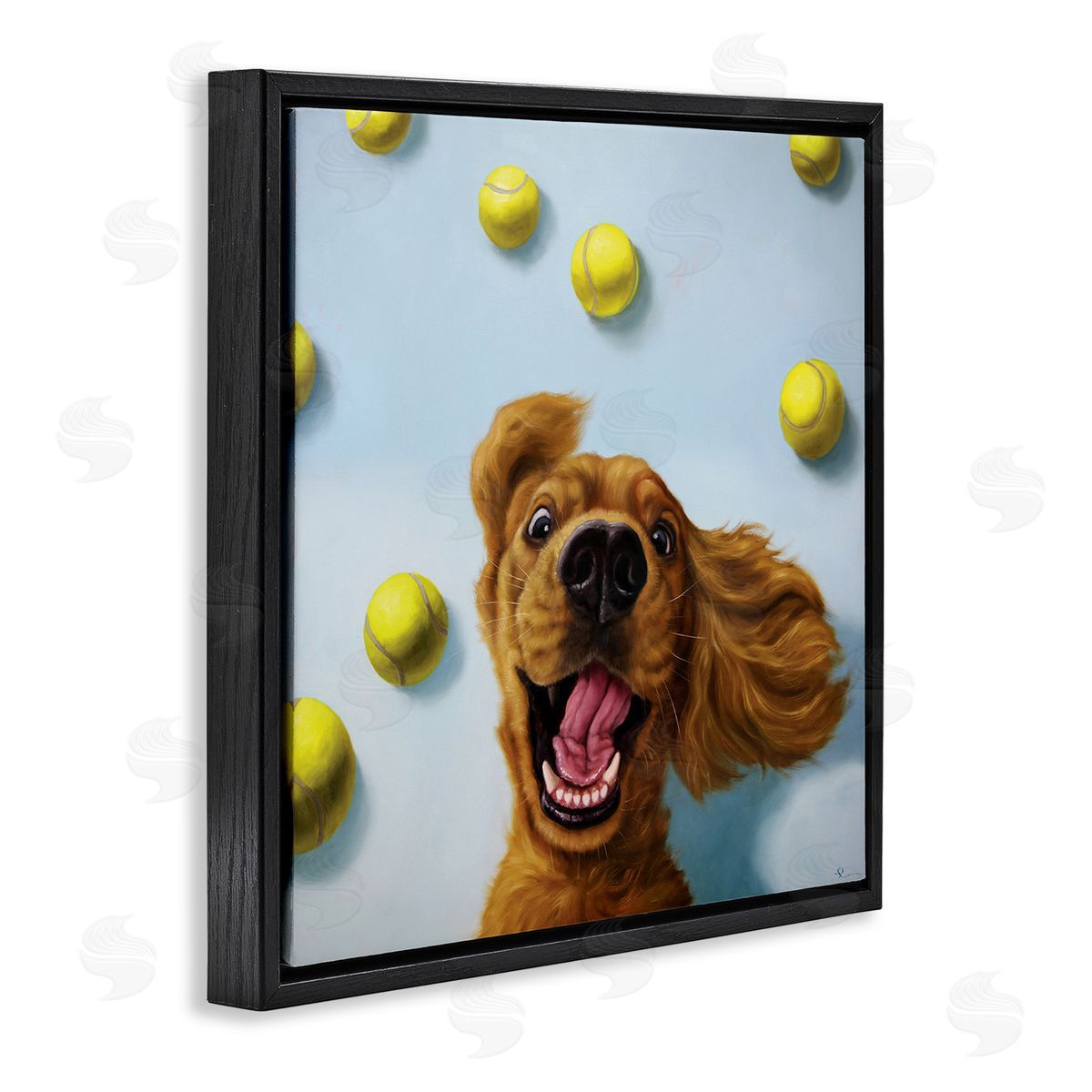 Lucia Heffernan Happy Smiling Pet Dog with Yellow Tennis Balls Black Floating Frame Canvas Wall Art Print