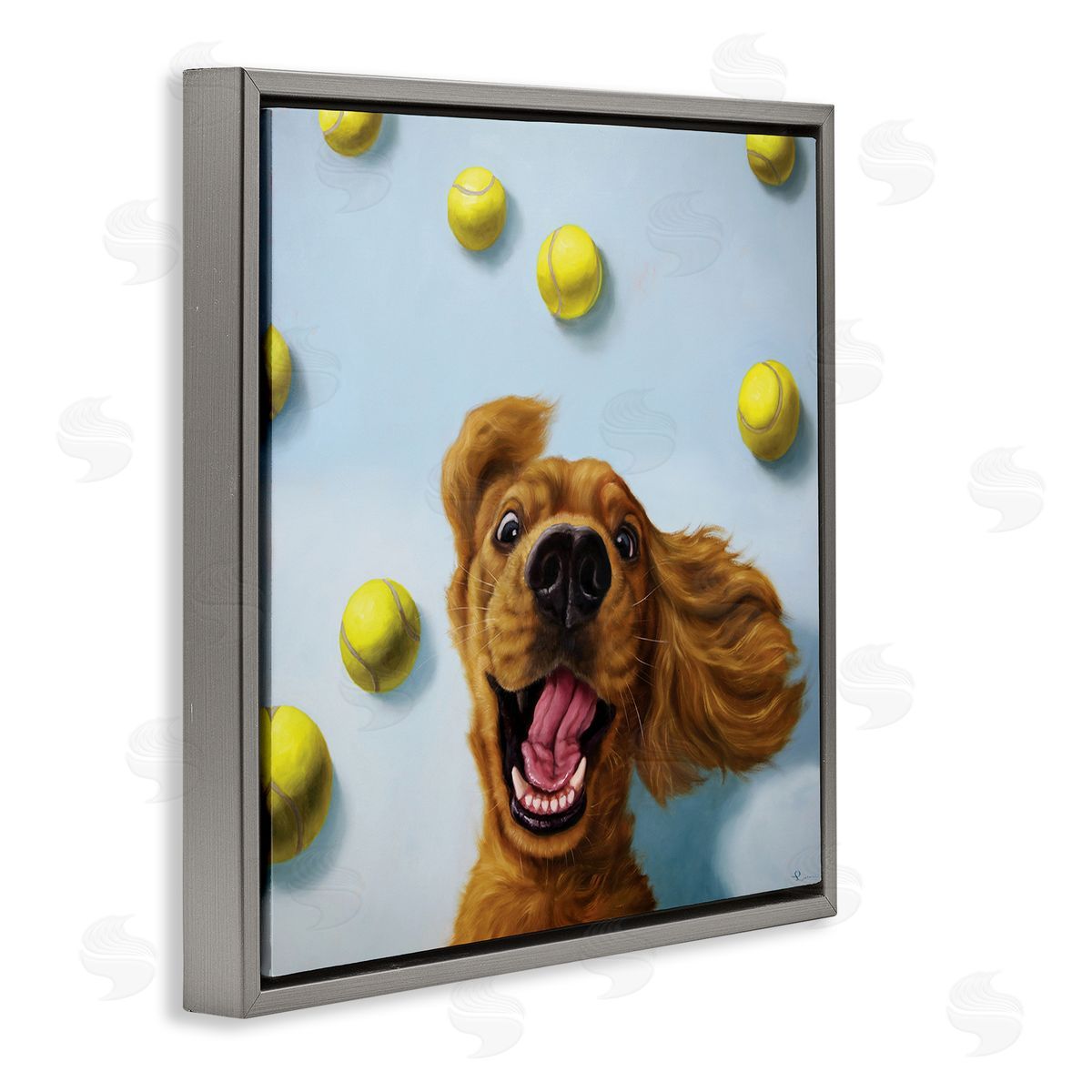 Lucia Heffernan Happy Smiling Pet Dog with Yellow Tennis Balls Gray Floating Frame Canvas Wall Art Print