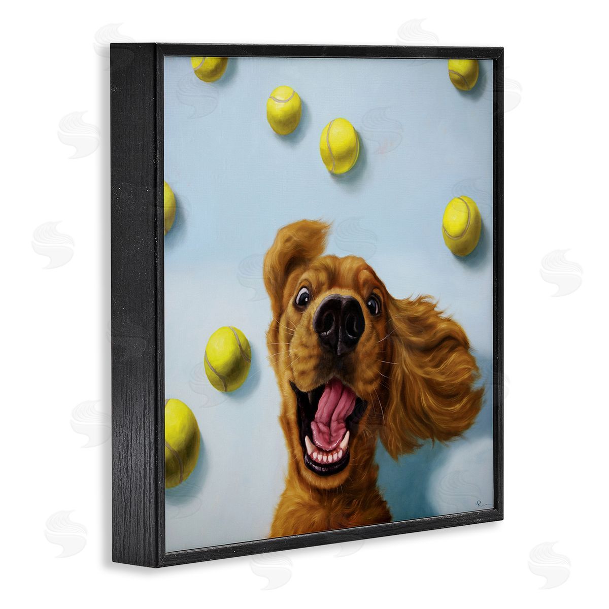 Lucia Heffernan Happy Smiling Pet Dog with Yellow Tennis Balls Black Framed Glicee Wall Art Print