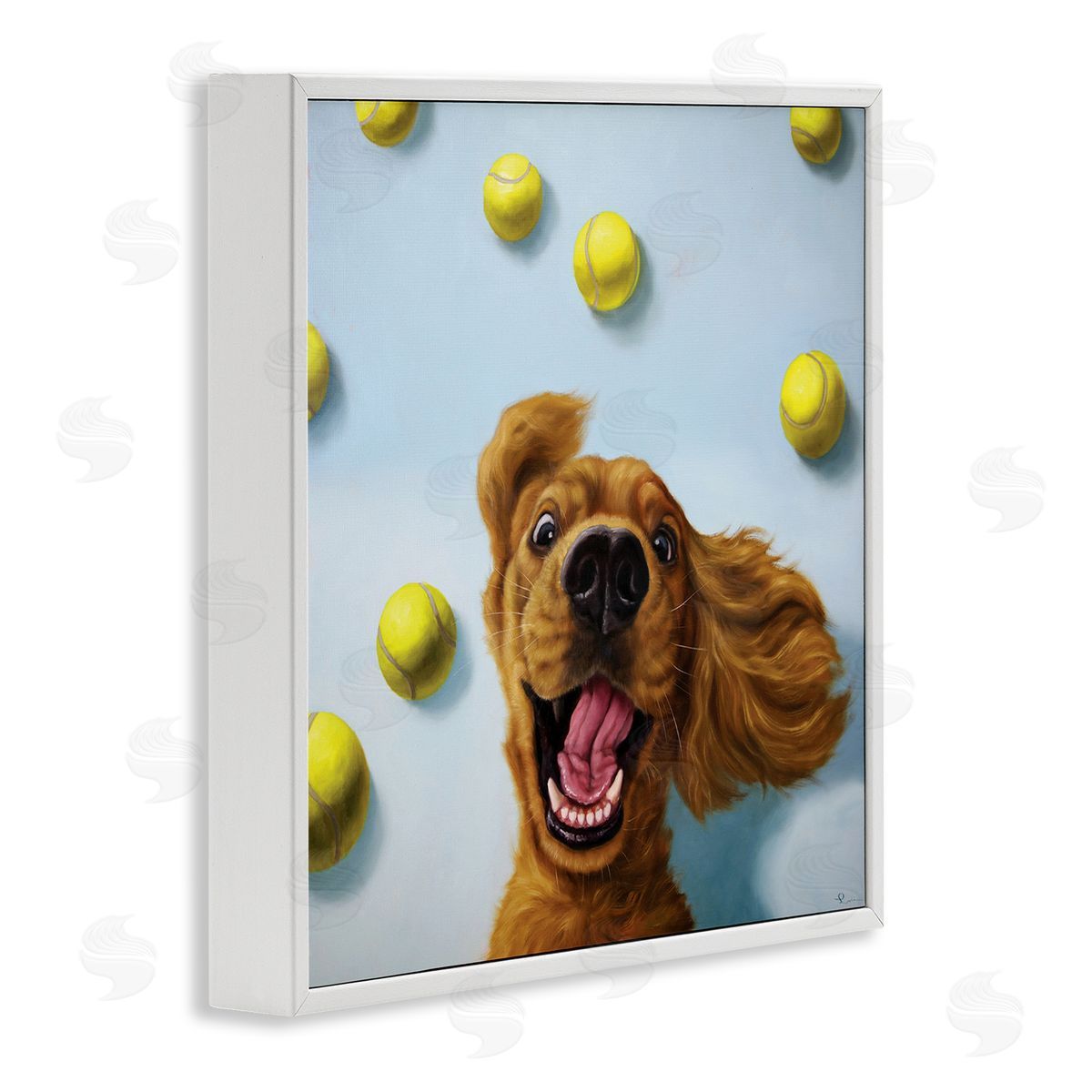 Lucia Heffernan Happy Smiling Pet Dog with Yellow Tennis Balls White Framed Glicee Wall Art Print
