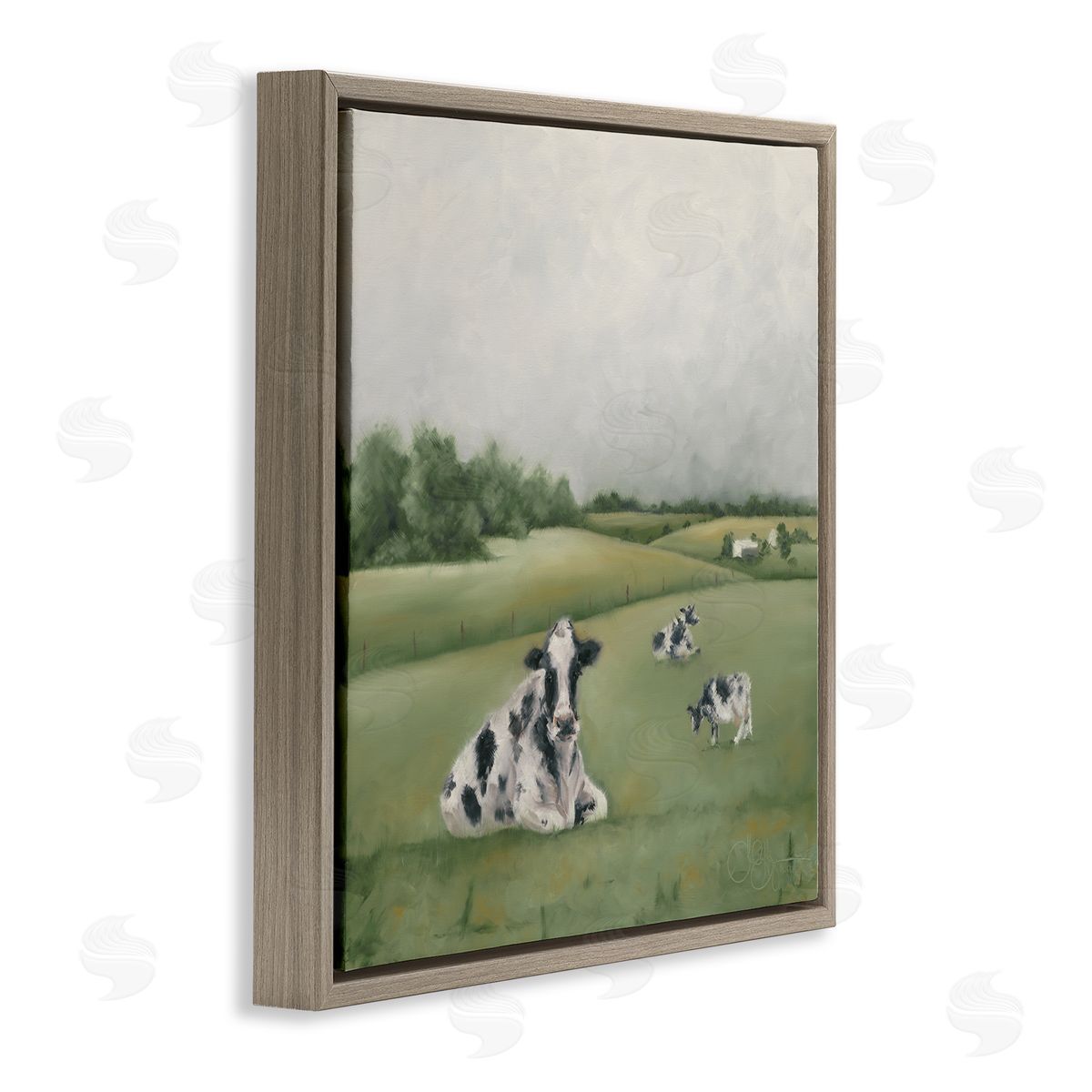 Dairy Cows Grazing in Green Field Brown Floating Frame Canvas Wall Art, Home Decor by Hollihocks Art