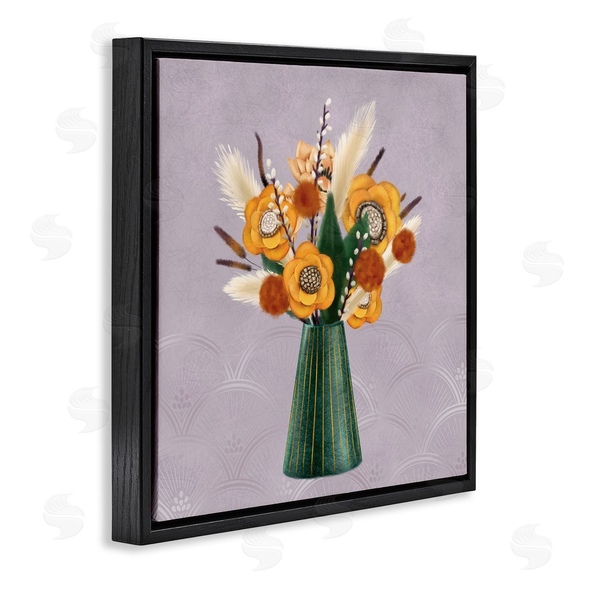 Ziwei Li Yellow Autumn Floral Bouquet in Green Vase Black Floating Frame Canvas Wall Art Print